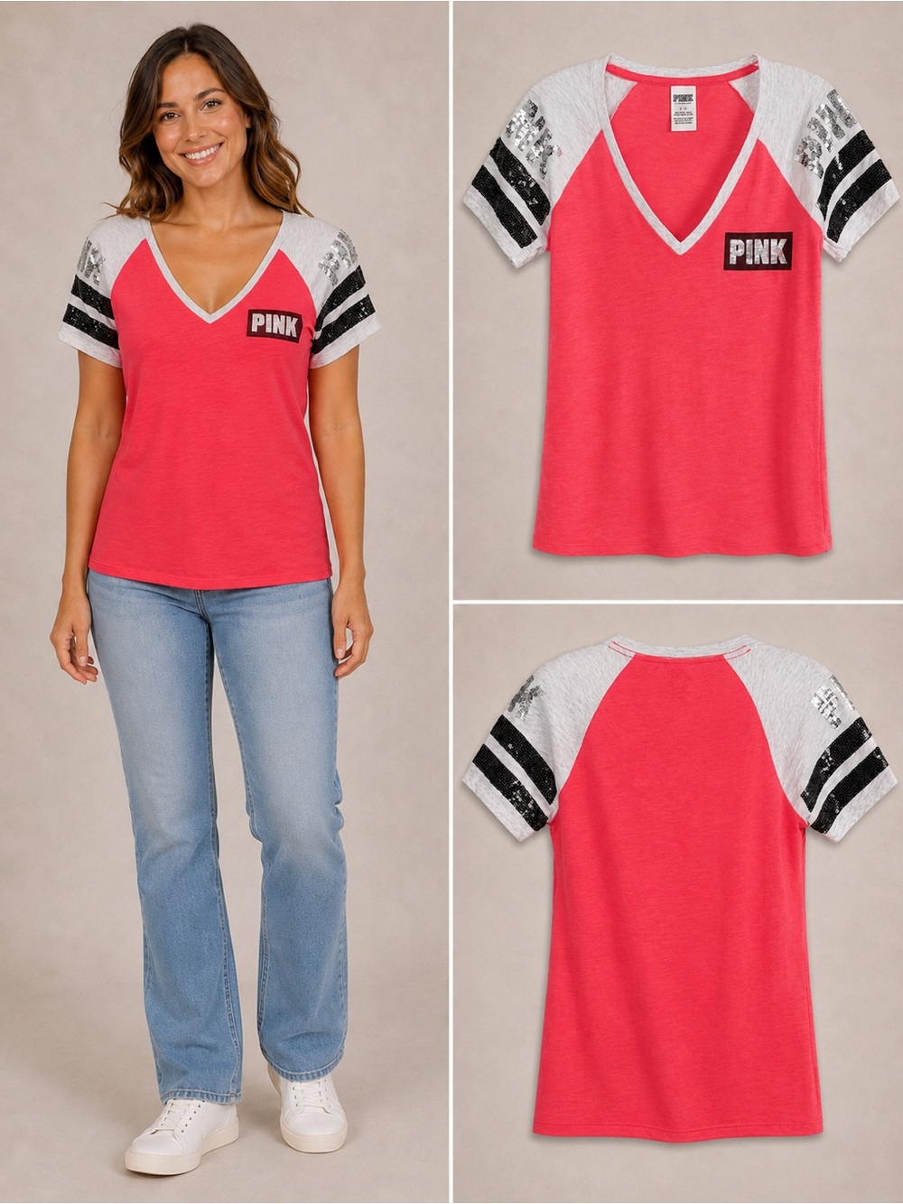 PINK Victoria's Secret Pink Bling Sequin Raglan V-Neck Tee